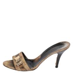 Pre Owned Gucci Beige Canvas and Leather Open Toe Bow Mules Size 37