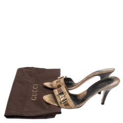 Pre Owned Gucci Beige Canvas and Leather Open Toe Bow Mules Size 37
