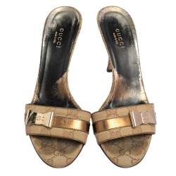 Pre Owned Gucci Beige Canvas and Leather Open Toe Bow Mules Size 37