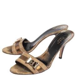 Pre Owned Gucci Beige Canvas and Leather Open Toe Bow Mules Size 37