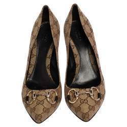 مملوكة مسبقًا حذاء كعب عالي غوتشي مقدمة مدببة هورسبيت كانفاس جي جي بيج مقاس 40