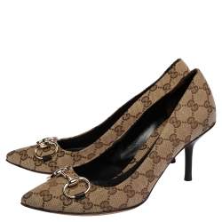 مملوكة مسبقًا حذاء كعب عالي غوتشي مقدمة مدببة هورسبيت كانفاس جي جي بيج مقاس 40