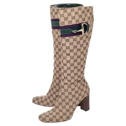 Gucci Beige/Brown GG Canvas Horsebit Knee Length Boots Size 41