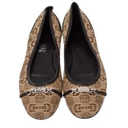 Gucci Beige/Brown Canvas And Leather Logo Embellished Ballet Flats Size 39