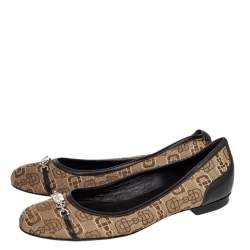 Gucci Beige/Brown Canvas And Leather Logo Embellished Ballet Flats Size 39