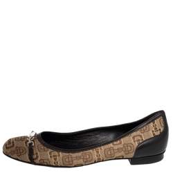 Gucci Beige/Brown Canvas And Leather Logo Embellished Ballet Flats Size 39