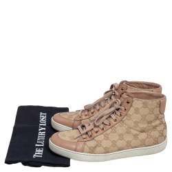 Gucci Beige Leather And GG Supreme Canvas  High Top Sneakers Size 37.5