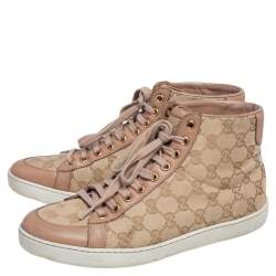 Gucci Beige Leather And GG Supreme Canvas  High Top Sneakers Size 37.5