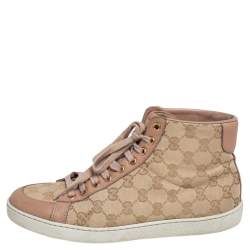 Gucci Beige Leather And GG Supreme Canvas  High Top Sneakers Size 37.5