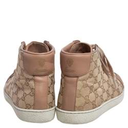 Gucci Beige Leather And GG Supreme Canvas  High Top Sneakers Size 37.5