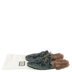 مملوكة مسبقًا Gucci Green GG Velvet and Fur Lined Princetown Flat Mule Size 41