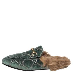 مملوكة مسبقًا Gucci Green GG Velvet and Fur Lined Princetown Flat Mule Size 41