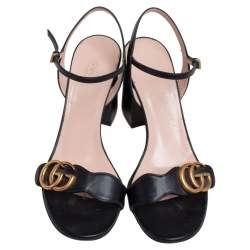 Pre Owned Gucci Black Leather GG Block Heel Ankle Strap Sandals Size 38