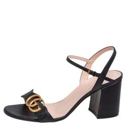 Pre Owned Gucci Black Leather GG Block Heel Ankle Strap Sandals Size 38