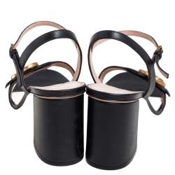 Pre Owned Gucci Black Leather GG Block Heel Ankle Strap Sandals Size 38