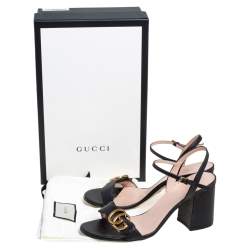 Pre Owned Gucci Black Leather GG Block Heel Ankle Strap Sandals Size 38