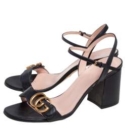 Pre Owned Gucci Black Leather GG Block Heel Ankle Strap Sandals Size 38