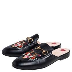 Pre Owned حذاء فلات غوتشي هورسبيت برنستاون مطرز نمر جلد أسود مقاس 36