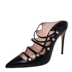 مملوكة مسبقًا Gucci Black Leather Aneta Strappy Pointed Mules Size 39