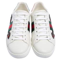 Gucci White Leather And Canvas Ace Embroidered Sneakers Size 39.5