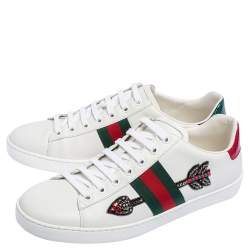 Gucci White Leather And Canvas Ace Embroidered Sneakers Size 39.5