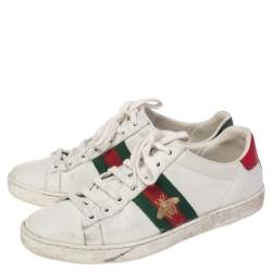 Pre Owned Gucci White Leather Ace Bee Embroidered Low Top Sneakers Size 36.5