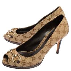 Pre Owned Gucci Beige GG Canvas Horsebit Peep Toe Pumps Size 39