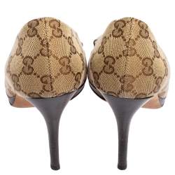 Pre Owned Gucci Beige GG Canvas Horsebit Peep Toe Pumps Size 39
