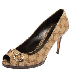 Pre Owned Gucci Beige GG Canvas Horsebit Peep Toe Pumps Size 39