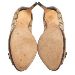 Pre Owned Gucci Beige GG Canvas Horsebit Peep Toe Pumps Size 39