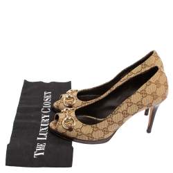 Pre Owned Gucci Beige GG Canvas Horsebit Peep Toe Pumps Size 39