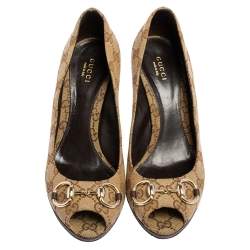 Pre Owned Gucci Beige GG Canvas Horsebit Peep Toe Pumps Size 39