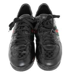 Pre Owned حذاء رياضي غوتشي رباط تفاصيل ويب جلد غوتشيسيما أسود مقاس 45.5