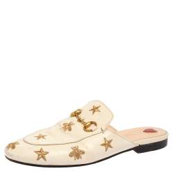 Pre Owned Gucci White Leather Star And Bee Embroidered Princetown Flat Mules Size 37