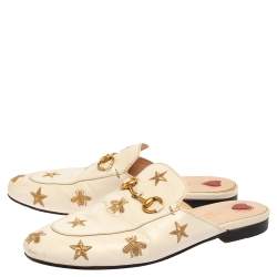 Pre Owned Gucci White Leather Star And Bee Embroidered Princetown Flat Mules Size 37