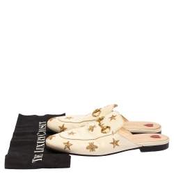 Pre Owned Gucci White Leather Star And Bee Embroidered Princetown Flat Mules Size 37