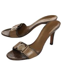 Gucci Gold/Brown GG Crystal Canvas and Leather Interlocking G Buckle Slide Sandals Size 37.5