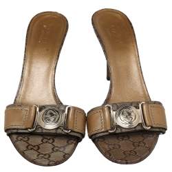 Gucci Gold/Brown GG Crystal Canvas and Leather Interlocking G Buckle Slide Sandals Size 37.5