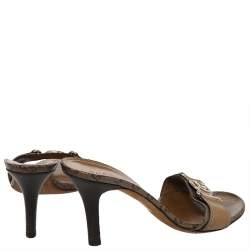 Gucci Gold/Brown GG Crystal Canvas and Leather Interlocking G Buckle Slide Sandals Size 37.5
