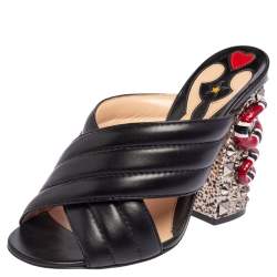 Gucci Black Leather Cross Strap Studded Heel Slide Sandals Size 37