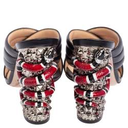 Gucci Black Leather Cross Strap Studded Heel Slide Sandals Size 37