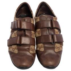 Pre Owned حذاء رياضي غوتشي فلكرو جلد وكانفاس غوتشيسيما بني مقاس 36