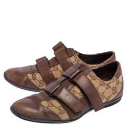 Pre Owned حذاء رياضي غوتشي فلكرو جلد وكانفاس غوتشيسيما بني مقاس 36