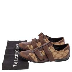 Pre Owned حذاء رياضي غوتشي فلكرو جلد وكانفاس غوتشيسيما بني مقاس 36