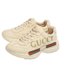 Pre Owned Gucci Cream Leather Rhyton Low Top Sneakers Size 37