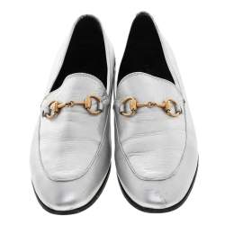 مملوكة مسبقًا Gucci Silver Leather Jordaan Horsebit Slip On Loafers Size 37