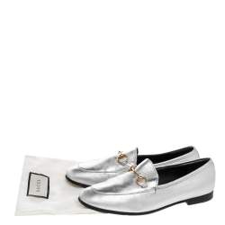 مملوكة مسبقًا Gucci Silver Leather Jordaan Horsebit Slip On Loafers Size 37