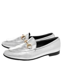 مملوكة مسبقًا Gucci Silver Leather Jordaan Horsebit Slip On Loafers Size 37