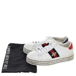 Pre Owned Gucci White Canvas And Leather  Ace Crystal Embellished Sneakers Size 36
