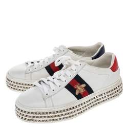 Pre Owned Gucci White Canvas And Leather  Ace Crystal Embellished Sneakers Size 36